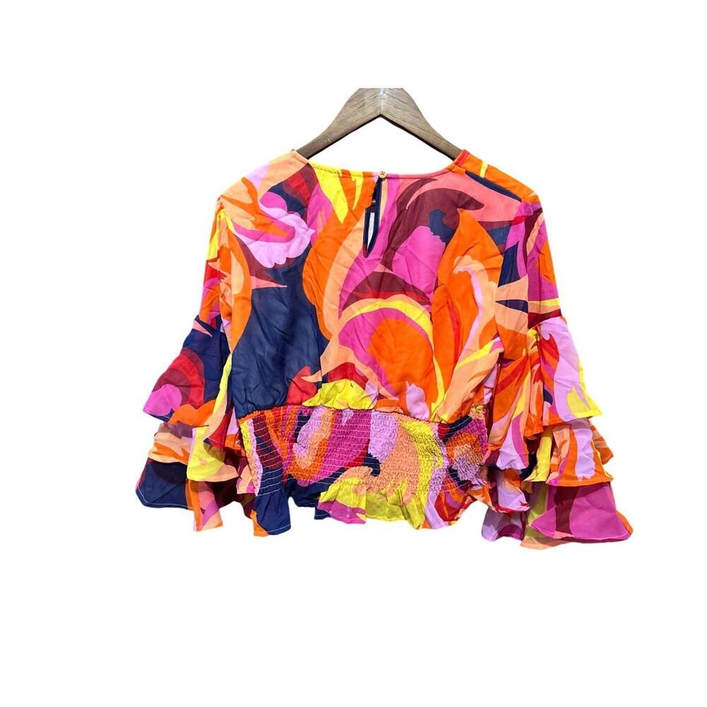 Abstract Print Smocked Ruffle Sleeve Top Vibrant Blouse Colorful Party